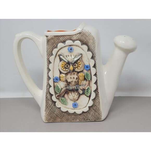 Vintage Hand Painted Ceramic Owl Watering Can Planter Vase Ceramic By Nell‎ - Picture 3 of 10